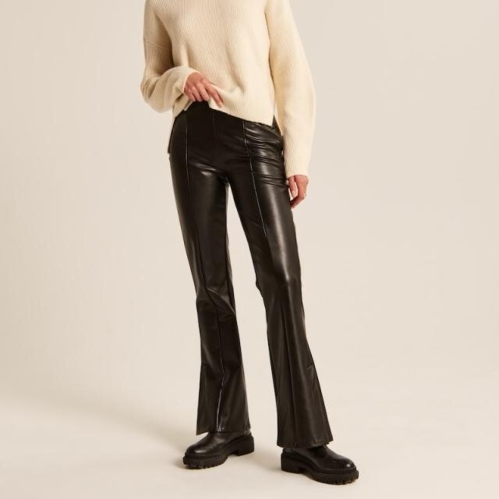 Faux Leather Pants High Rise Trousers Straight Leg Black‎